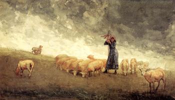 Shepherdess Tending Sheep